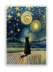 Lianxiaw The Starry Night Cat Canvas Wall Art Famous Oil Paintings Black Cat Poster, Multicolour