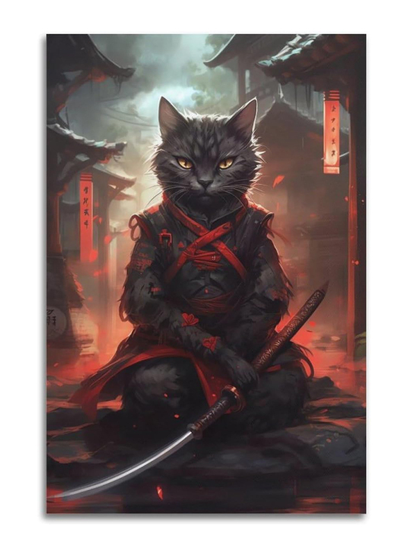 Ofitin Japanese Samurai Ninja Cat Canvas Painting Poster, Multicolour
