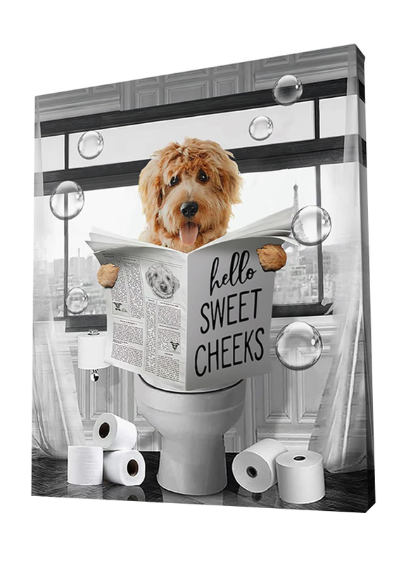 Parylore Funny Dog Sitting in Toilet Reading Newspaper Painting Framed Artwork Poster, 12 x 16-inch, Black/White