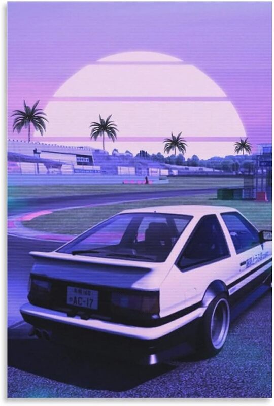 Alukap 90s Ae86 Vaporwave Jdm Car Family Decorative Painting Wall Art Canvas Poster, 12 x 18 inch, Purple/Black