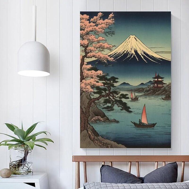 Japanese Ukiyo-e Art Mount Fuji From Lake Frame Hanger Scroll Decorative Hanging Canvas Wall Posters, Multicolour