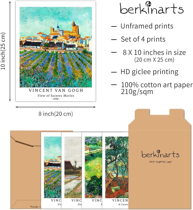 Berkin Arts Trees Beautiful Flowers Retro Famous Giclee Prints Vincent Van Gogh Wall Art Unframed Poster, 4 Pieces, 8 x 10 inch, Multicolour