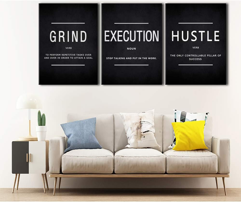 Cbaipy Motivational Inspirational Quotes Grind Hustle & Execution Canvas Poster, 3 Pieces, Black