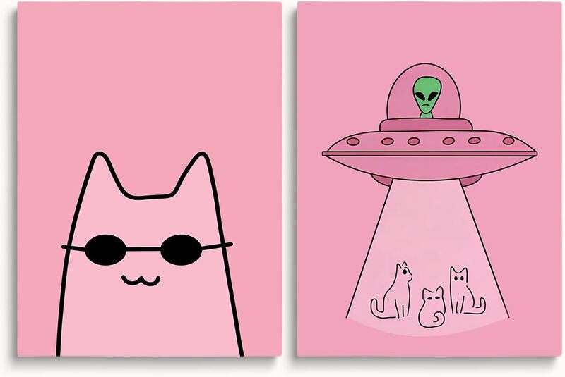 Fun College Style Cat and Alien Canvas Wall Art Fashionable Picture Poster, 2 Pieces, Pink