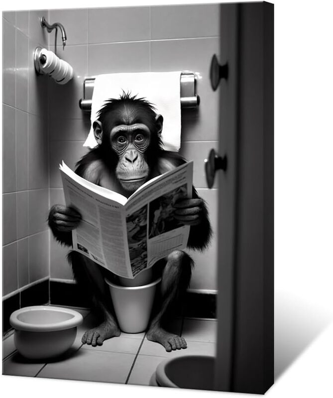 Yodooltly Monkey Reading Newspapers on Toilet Canvas Wall Art Poster, 12 x 16 inch, Black/White