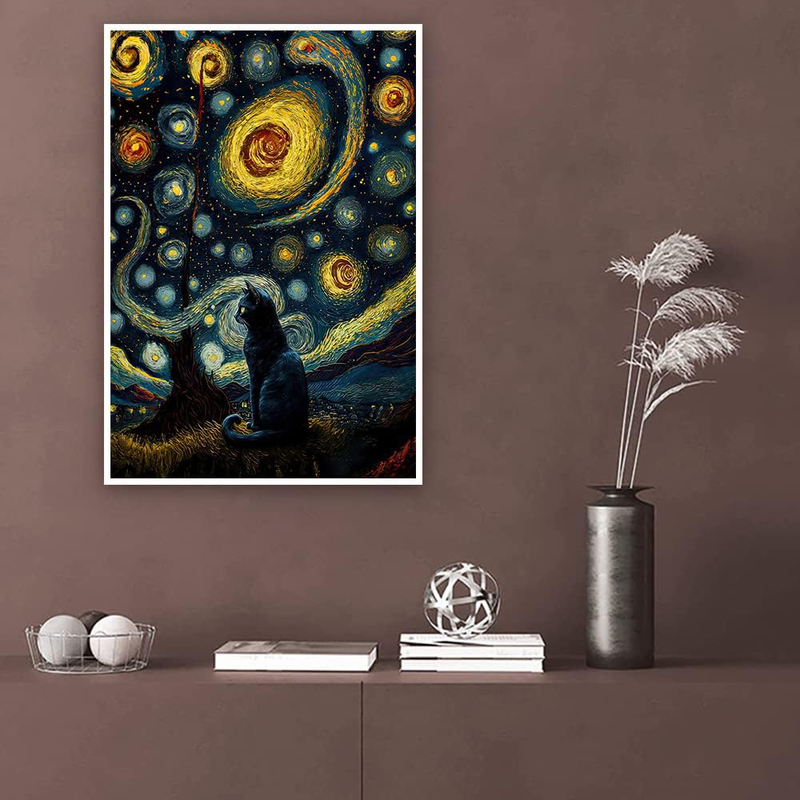 Lianxiaw Unframed Canvas 12 x 16-Inch The Starry Night with Cat Poster, Multicolour
