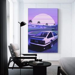 Alukap 90s Ae86 Vaporwave Jdm Car Family Decorative Painting Wall Art Canvas Poster, 12 x 18 inch, Purple/Black