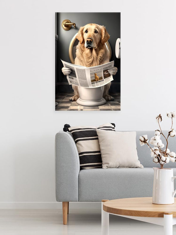 Yodooltly Funny Golden Retriever Canvas Reading Newspapers on Toilet Poster Prints Maximalist Mid Century Modern Aesthetic Wall Decor, 16 x 24-inch, Multicolour