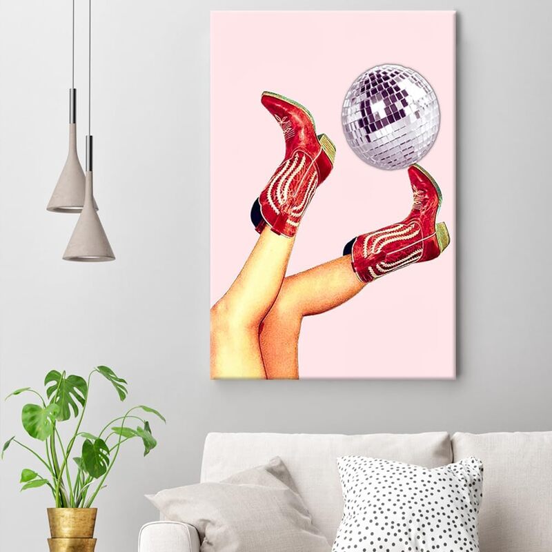 Thcbme Retro Disco Ball Cowgirl Boots Print Canvas Fun Trendy Wall Art Poster, 16 x 24 inch, Multicolour