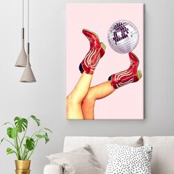 Thcbme Retro Disco Ball Cowgirl Boots Print Canvas Fun Trendy Wall Art Poster, 16 x 24 inch, Multicolour