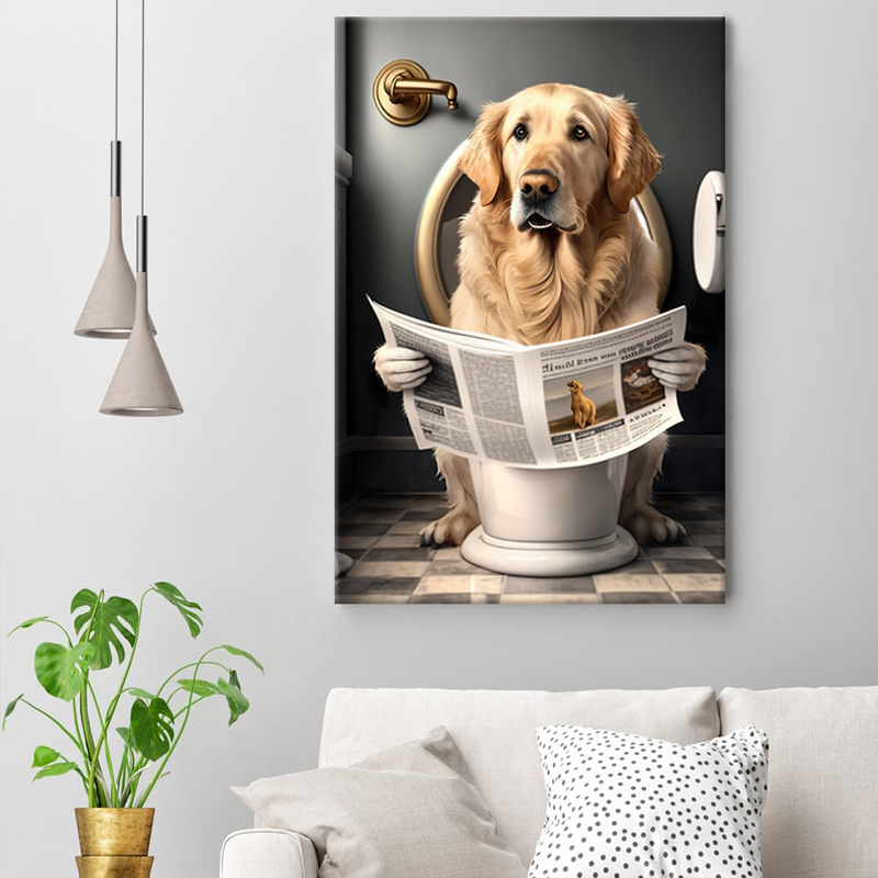 Yodooltly Funny Golden Retriever Canvas Reading Newspapers on Toilet Poster Prints Maximalist Mid Century Modern Aesthetic Wall Decor, 16 x 24-inch, Multicolour