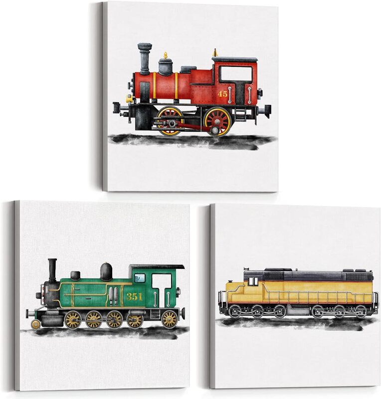 Yuzi-n Steam Train Nursery Vehicle Canvas Wall Art Poster, 3 Pieces, 12 x 12 inch, Multicolour