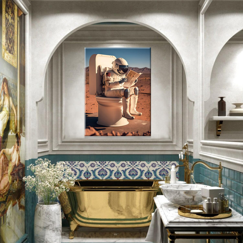Rvrbkts Framed Astronaut On The Toilet Canvas Poster, 16 x 24-inch, Multicolour