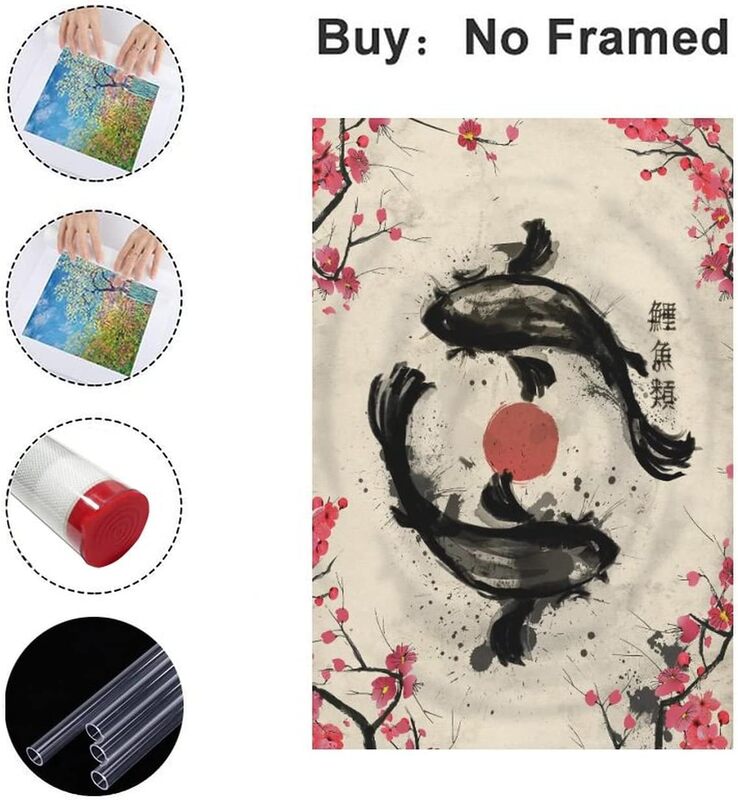 Gengsheng Japanese Retro Ink Sakura Yin Yang Koi Fish Canvas Wall Art, 16 x 24 inch, Multicolour