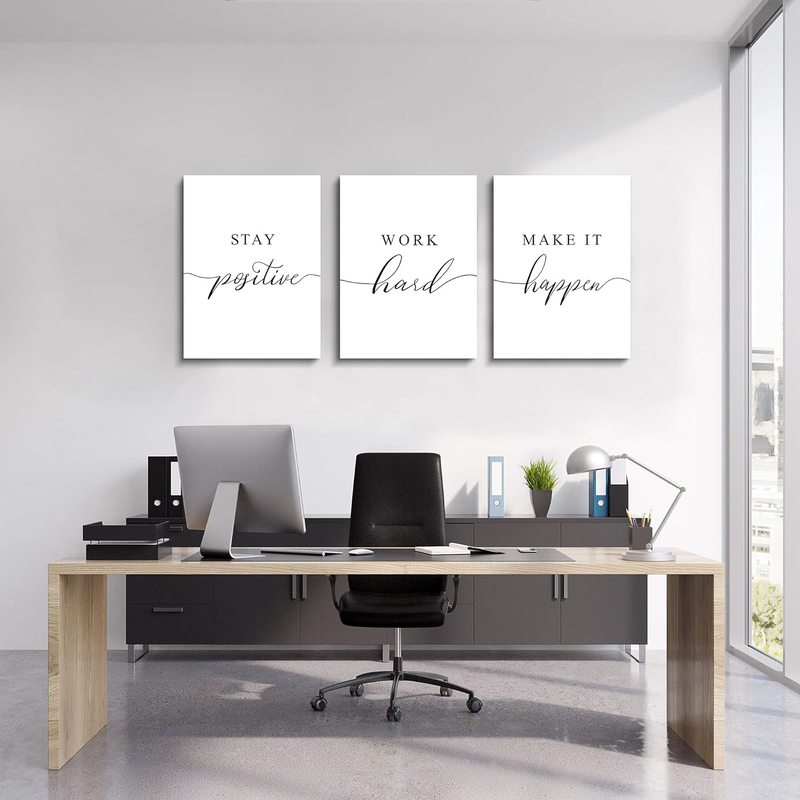 Ephany Positive Motivational Stay Positive Work Hard Makeit Happen Wall Art Poster, 3 Pieces, 12 x 16-inch, White