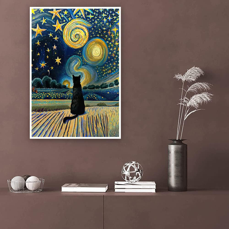 Lianxiaw The Starry Night Cat Canvas Wall Art Famous Oil Paintings Black Cat Poster, Multicolour