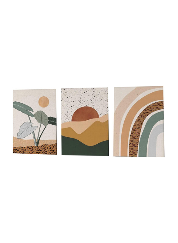 

Gobbio Boho Wall Art Modern Framed Fabric Abstract Neutral Painting Sun Mountain Desert Rainbow Plant for Bedroom & Bathroom, 3 Pieces, Multicolour