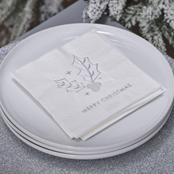 16 Pieces Merry Christmas Holly Paper Napkins, Silver/White