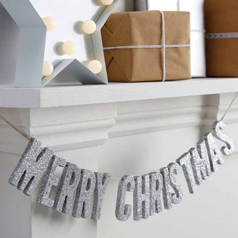 Silver Glitter Merry Christmas Wooden Bunting Banner, Silver