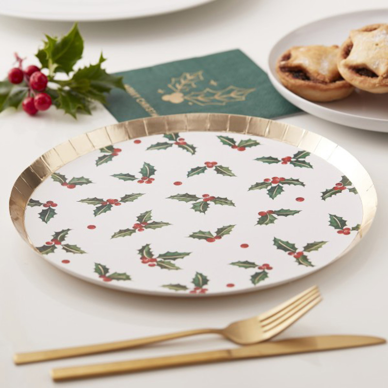8 Pieces Holly Leaf Foiled Paper Plate, White
