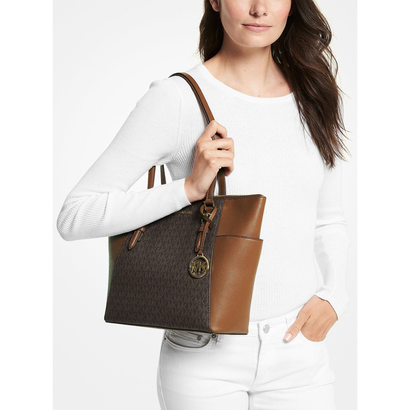 Michael Kors Charlotte Large Logo and Leather Top-Zip Tote Bag for Women, Brown