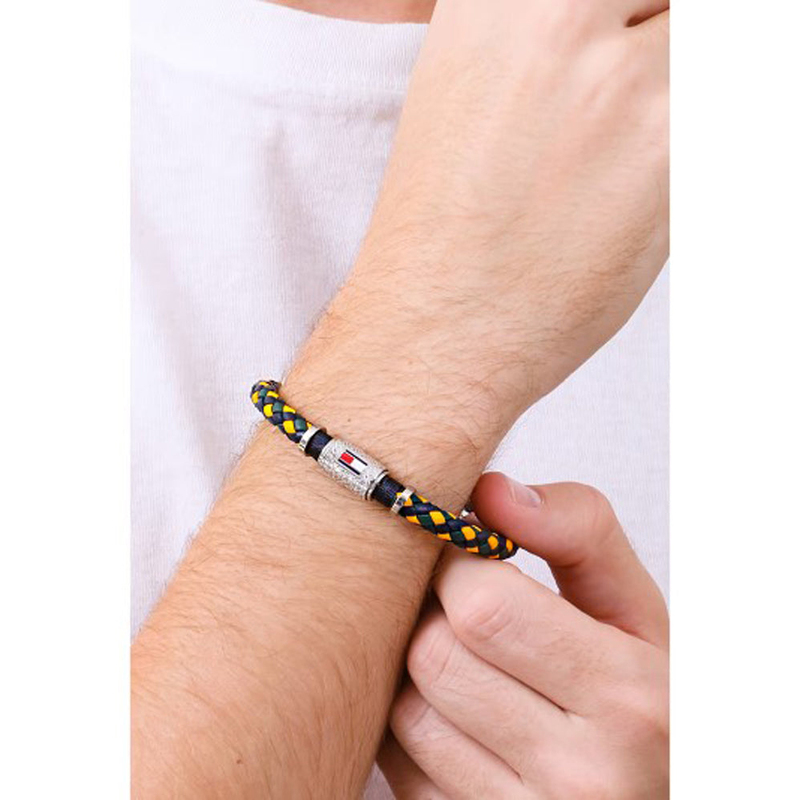 Tommy Hilfiger 2790455 Leather Braided Bracelet for Men, 19cm, Blue/Green/Yellow