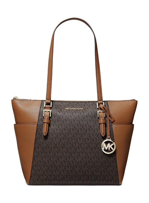 Michael Kors Charlotte Large Logo and Leather Top-Zip Tote Bag for Women, Brown