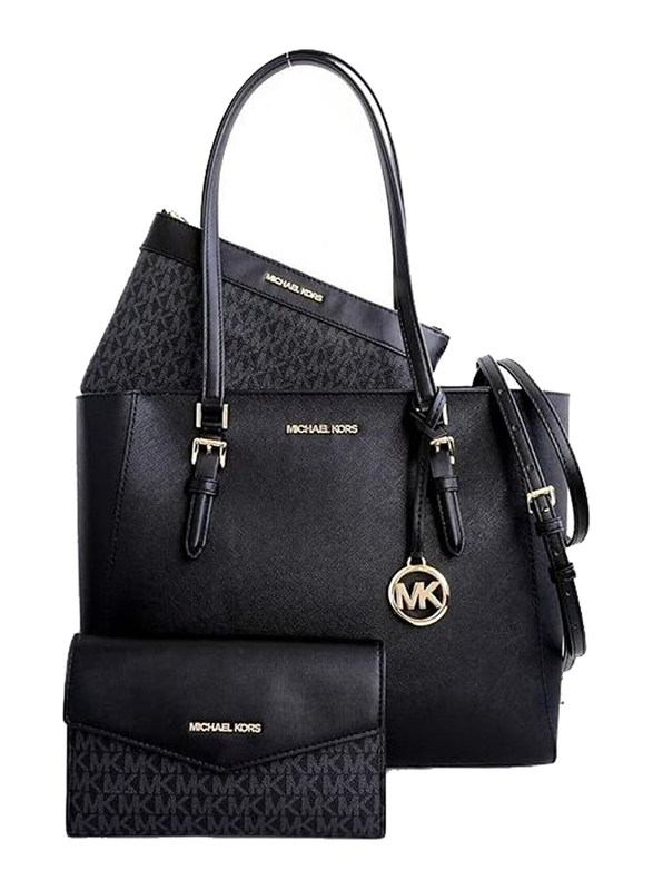 Michael Kors Charlotte Large 3-in-1 Leather Tote Crossbody Handbag for Women, Black