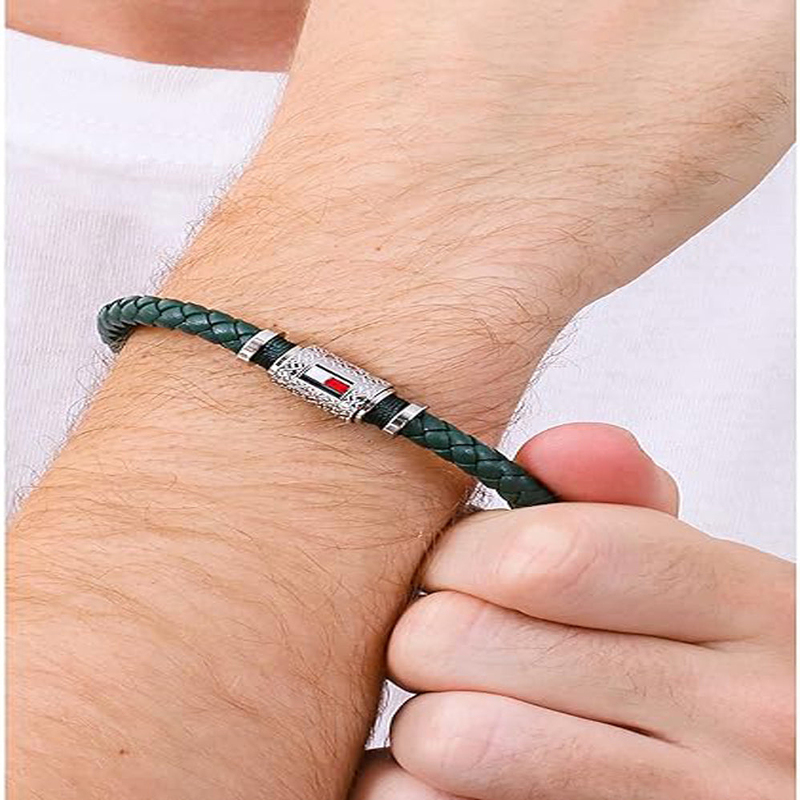 Tommy Hilfiger 2790456 Leather Braided Bracelet for Men, 19cm, Green