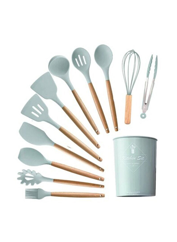 

Enso 12-Piece Crafts Silicone Cooking Nonstick Utensils with Bamboo Wood Handle Set with Non Toxic Turner/Tongs/Spatula & Spoon, Mint Green/Beige