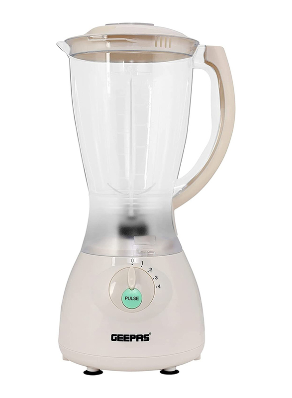 Geepas 1.5L Multi-function Glass Jug Blender Smoothie Maker Stainless Steel Cutting Blades with 4 Speed Control PS Jar Powerful Motor Blender & Ice Crusher, 400W, GSB5484, White