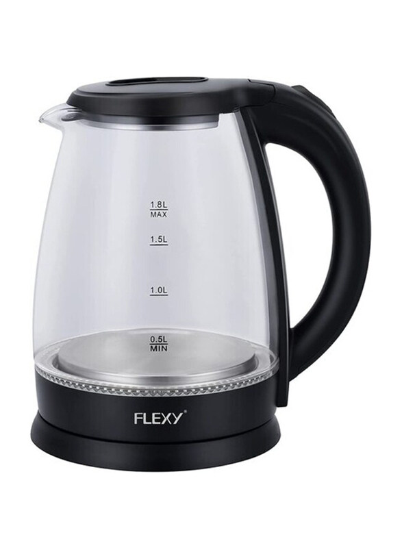 Flexy 1.8L Glass Body Electric Cordless Kettle with 360 Swivel Base, 1500W, Clear/Black