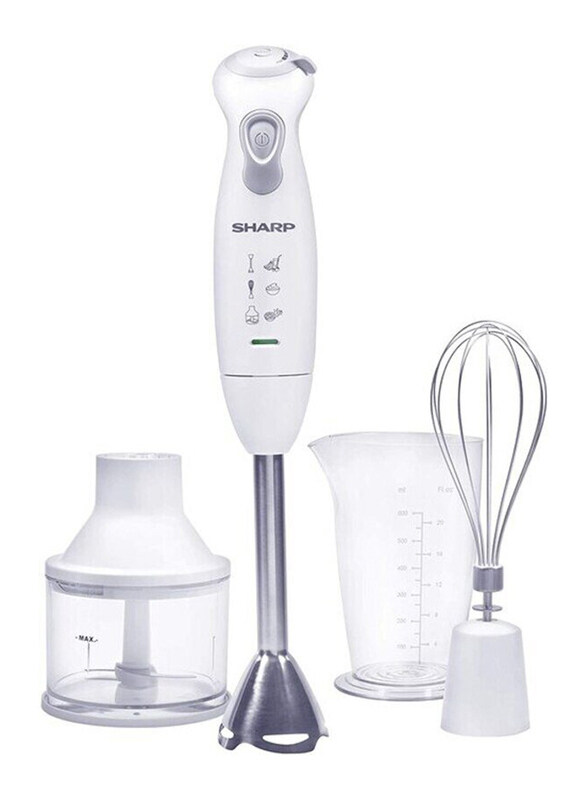 Sharp Hand Blender Steel Shaft with Chopper, Whisker & Beaker, 750W, EM-HJ41-W3, White