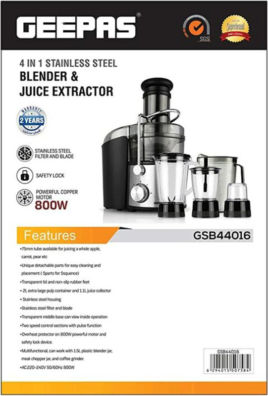 Geepas 4-In-1 Blender And Juice Extractor, 800W, Gsb44016, Black