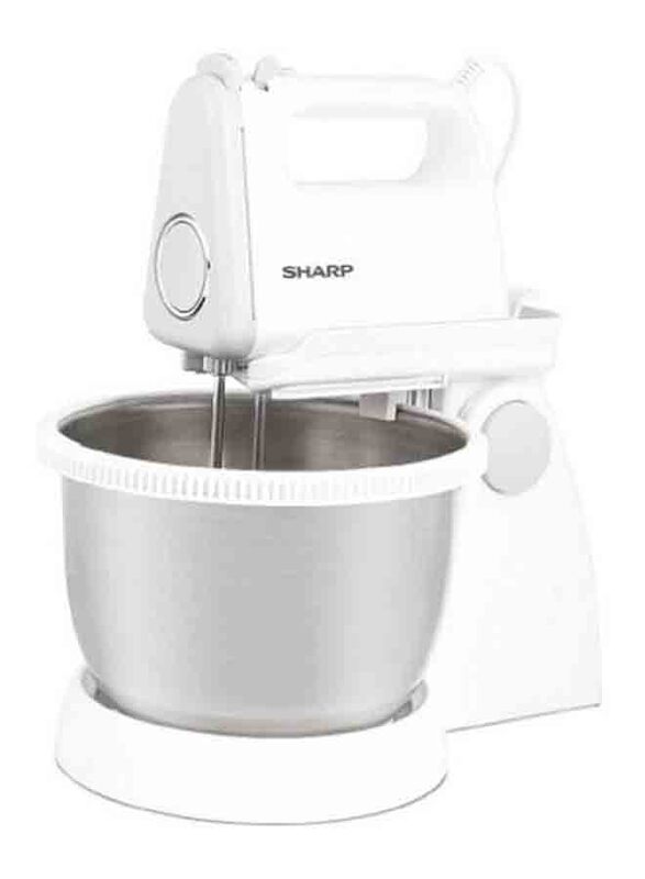 Sharp Turbo + 5 Speed Selection Detachable Free Stand Mixer for Quick Cake Mixing with Egg Beater/Dough Hook & Stainless Steel Bowl, 250W, EM-SP21-W3, White