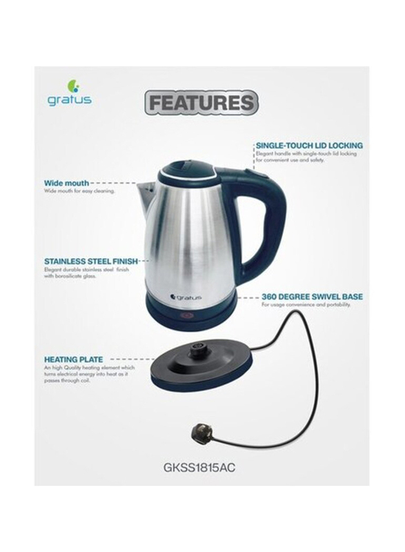 Gratus 1.8L Stainless Steel 360° Cordless Electric Kettle, GKSS1815AC, Black/Silver