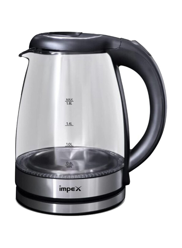 Impex 1.8L Stainless Steel Electric Kettle with 360 Degree Rotating Base Steamer, 1500W, Clear/Black