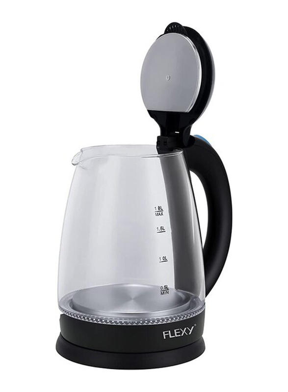 Flexy 1.8L Glass Body Electric Cordless Kettle with 360 Swivel Base, 1500W, Clear/Black