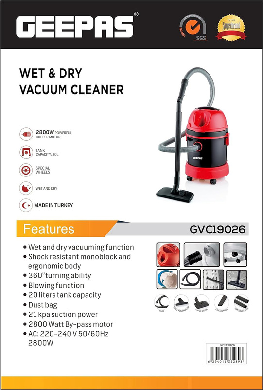 Geepas Dry & Wet Vacuum Cleaner, 2800W, Red/Black