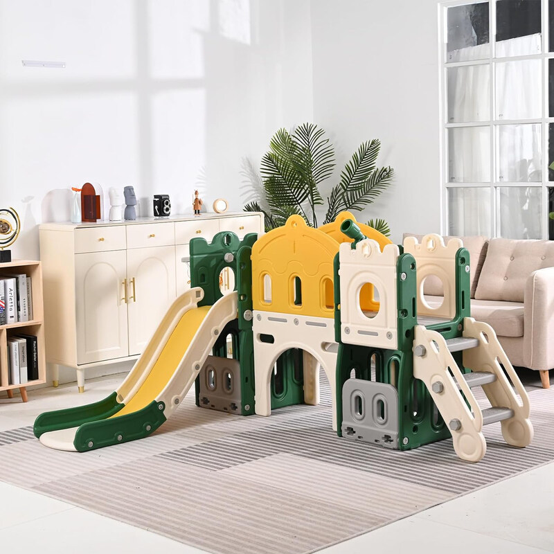 

Generic 7-in-1 Slide with Basketball Hoop and Climber, Yellow/Green