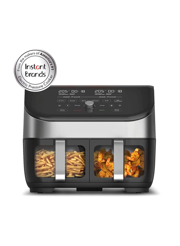 Instant 7.6L Vortex Plus Large Dual 8-in-1 Smart Programmes Air Fryer with Drawers Roast, 1700W, Black