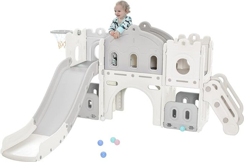 Hapsor 7 in 1 Toddler Slide, Large Kids Slide with Long Aisle, Climber, Basketball Hoop, Tunnel, and Storage Space, Outdoor Indoor Slide Playset for Toddlers 1-3, White