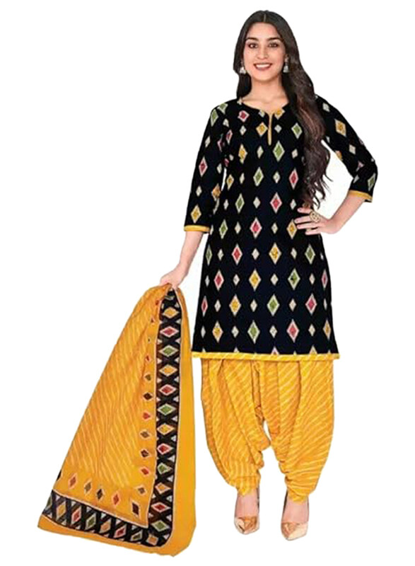 

Generic Indian Dress Readymade Pure Cotton Patiyala Suit, L, Black/Yellow
