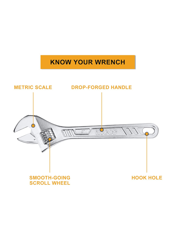 Ingco 300mm Adjustable Wrench, HADW131122, Silver