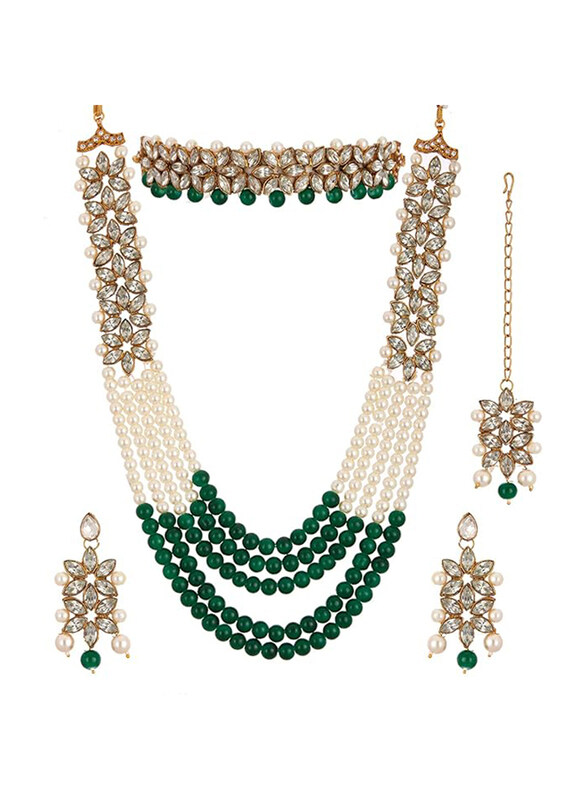 

Zeneme Gold Plated Green Bridal Neck Choker Necklace Set with Earrings & MaangTikka