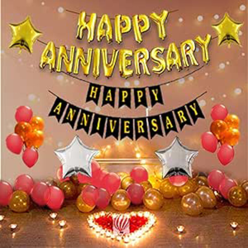 

Hk Balloons Gold Happy Anniversary Balloons with Fairly LED Lights Combo Set, Medium, 57 Piece, Mulicolour