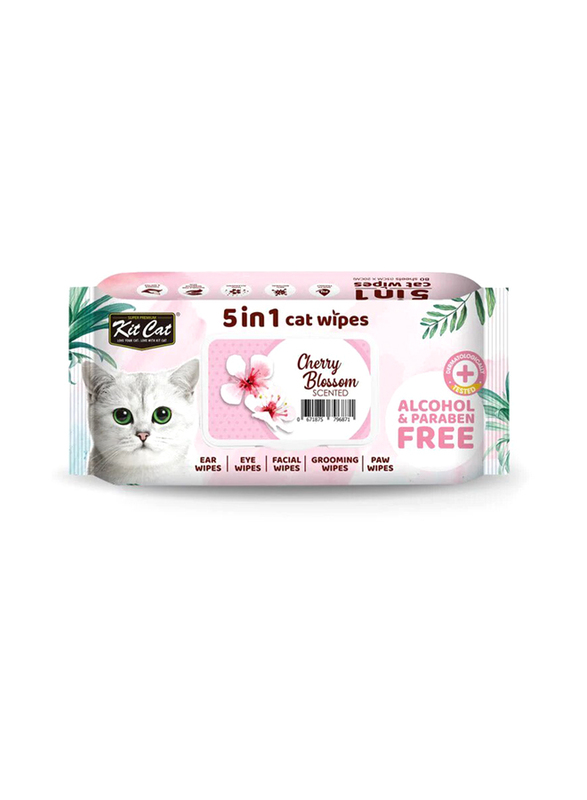 Kit Cat 5-in-1 Cherry Blossom Cat Wipes, 80 Sheets, Pink