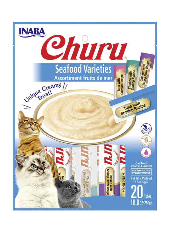 

Inaba Churu Seafood Variety Cat Treats with Tuna, Chicken, Salmon, Scallop & Shrimp, 20 Tubes