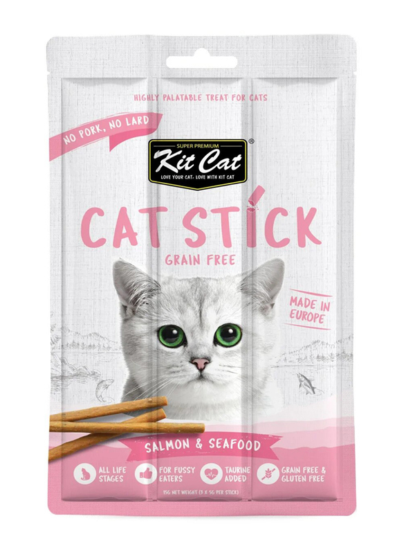 Kit Cat Grain Free Salmon & Seafood Flavor Stick Treat Cat Dry Food, 3 x 15g