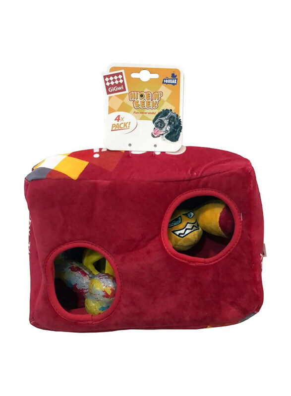 

Gigwi Hide N Seek G-Box Dog Toy with Plush Toy, Breezy Ball & TPR Bone, Red